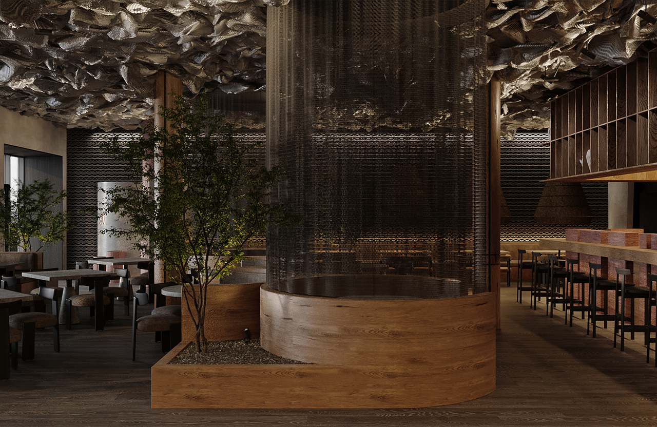 Hikari's dining room and bar beneath the sculpted ceiling