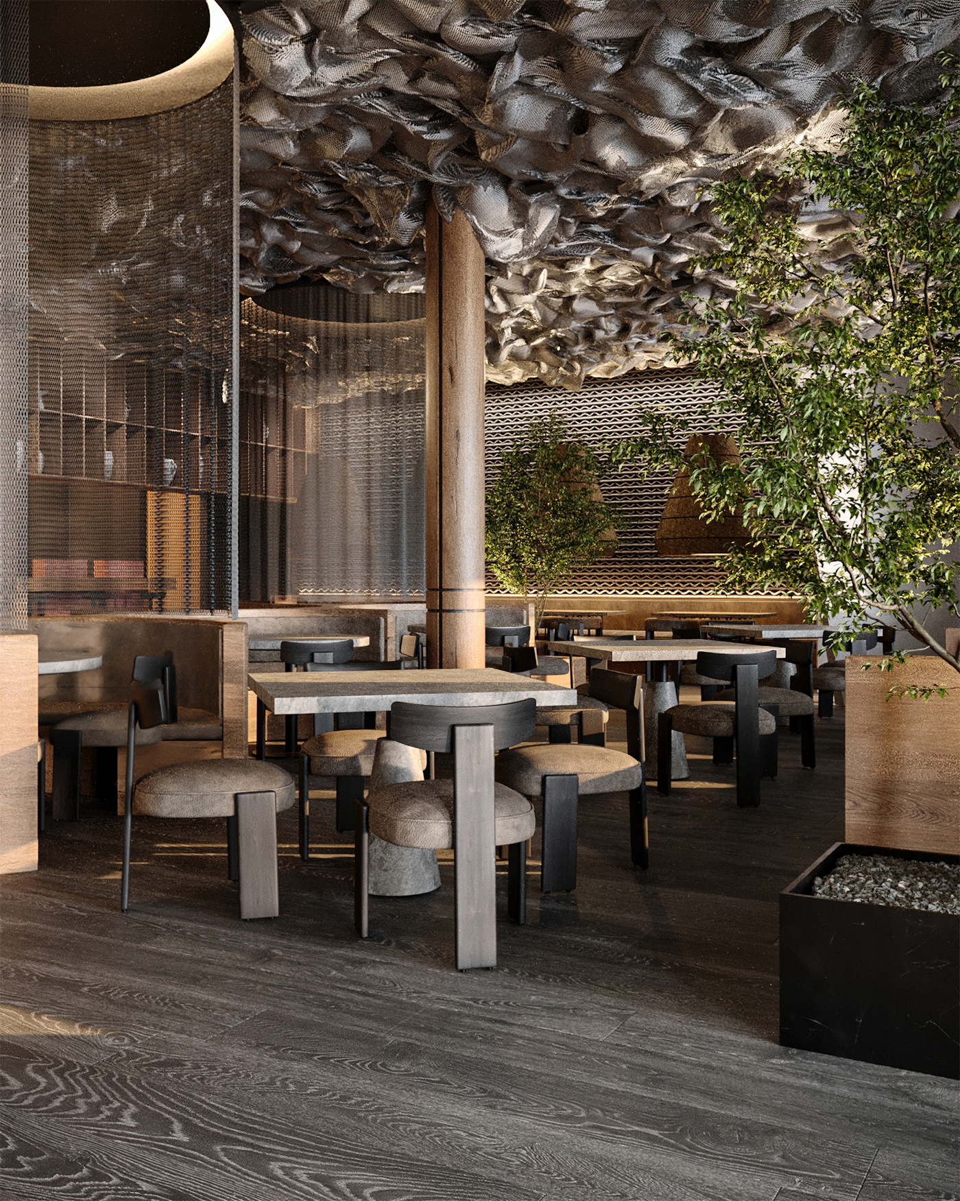 Hikari's dining room beneath its sculpted ceiling, lit from within