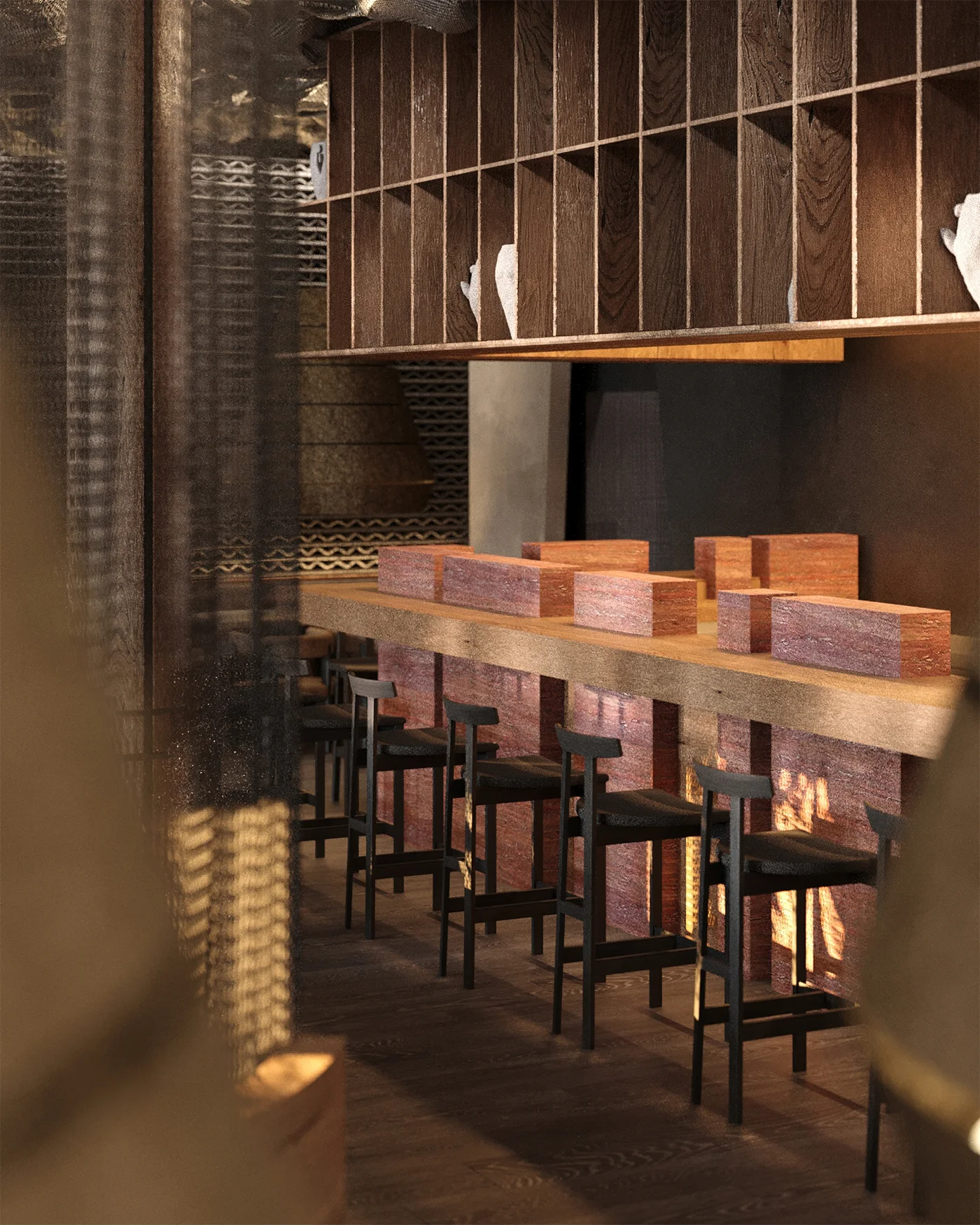 Hikari's bar seating in warm evening light
